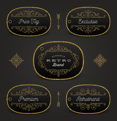 Vector set of price tag or brand label with glitter gold and flourishes decor.