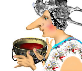 old funny woman with long nose drinking tea out of a huge cup, children illustration over a white background