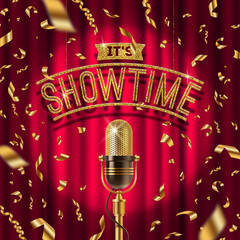 Vector illustration - "It's Showtime" golden signboard and Retro microphone on stage in spotlight against the background of red curtain and golden confetti.