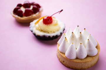 delicious assorted different mini cakes with cream and berries. home crafted sweet desserts, confectionery