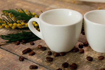 Coffee cups with coffee beans and a sprig of mimosa