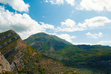 Fototapeta premium Top view from the ancient fortress on the Old Bar in Montenegro. Landscape with mountains and blue sky, 
