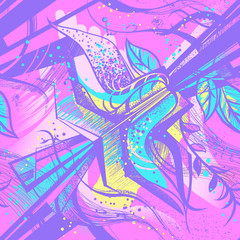 floral and geometric ornament pattern black pink blue