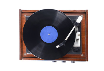 Record player with vinyl disc on white background