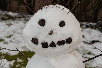 Schneemann von Kindern auf einem Rasen gebaut zum Frühlingsanfang