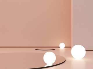 3d render, abstract cosmetic background to show a product. Empty scene with cylinder mirror and spherical lights  in the floor.  Pastel cream minimal wall. Fashion showcase, display case, shopfront. 
