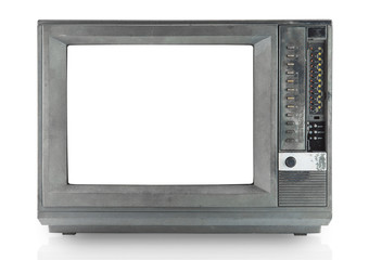 Retro television - old vintage TV with frame screen isolate on white with clipping path for object,...