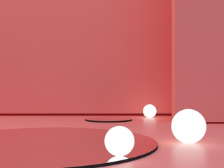 3d render, abstract cosmetic background to show a product. Empty scene with cylinder mirror and spherical lights  in the floor.  Coral minimal wall. Fashion showcase, display case, shopfront. 