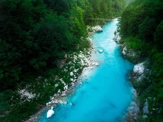 Selbstklebende Fototapete Waldfluss Türkisfarbener Soca-Fluss fließt in wilden Wald