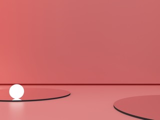 3d render, abstract cosmetic background to show a product. Empty scene with cylinder mirror and spherical lights  in the floor.  Coral minimal wall. Fashion showcase, display case, shopfront. 