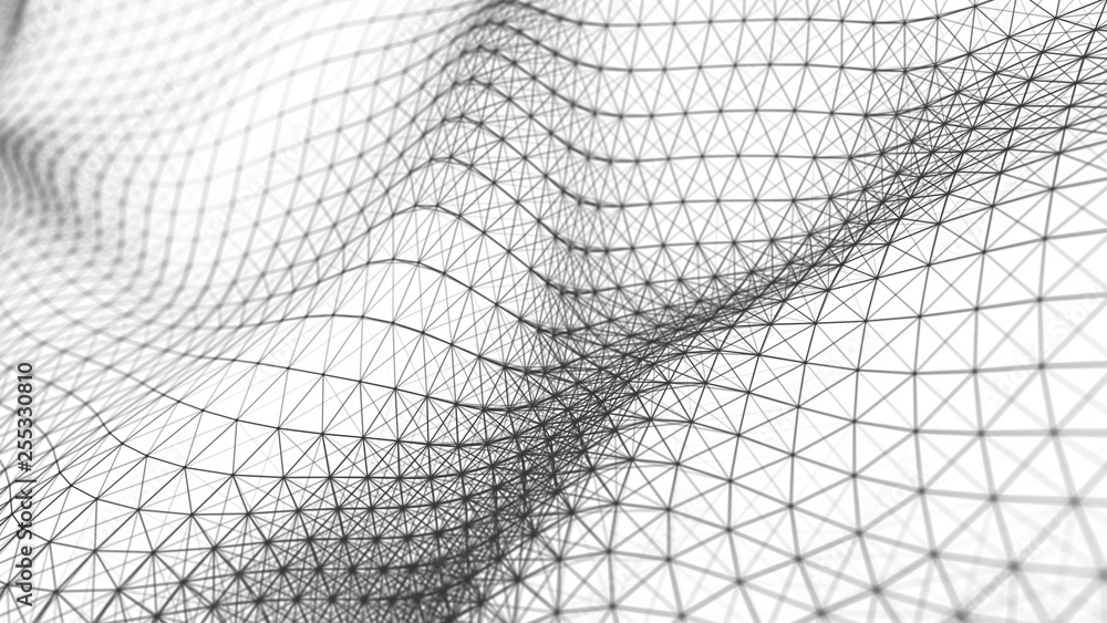 Poster wave of particles on white background. abstract interlacing lines and points. digital connection of 