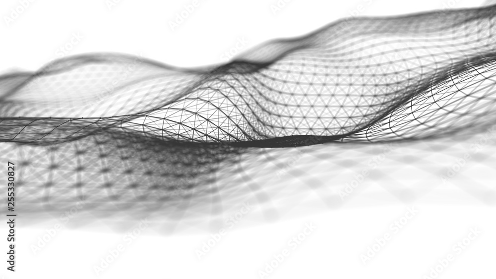 Poster wave of particles on white background. abstract interlacing lines and points. digital connection of 