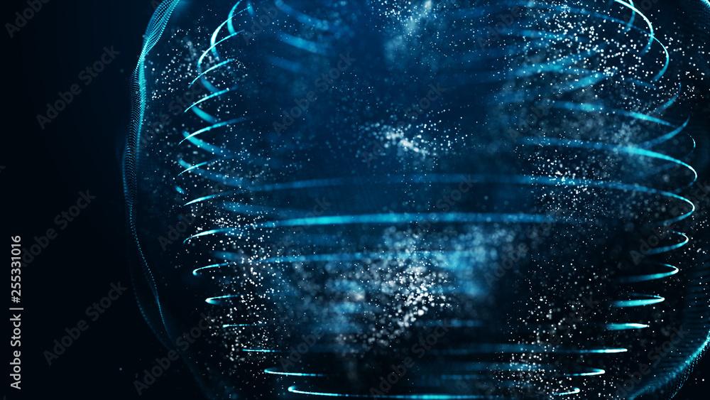 Poster futuristic blue sphere. the orbital motion of the planet. abstract space banner. abstract 3d grid de