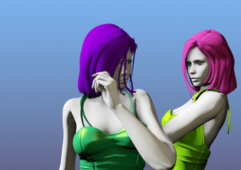 two young girls with dyed hair having a discussion, conflict, over a blue background, 3D illustration, raster illustration