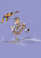 little girl in a coloful dress and house shoes going in winter with a torn umbrella, illustration over a light blue background