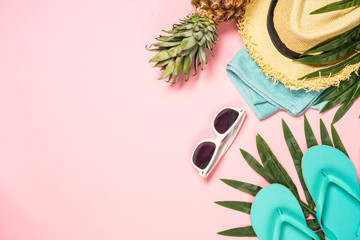 Summer flat lay background on pink.