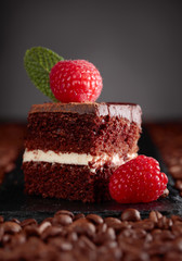 Closeup of chocolate cake with raspberry .