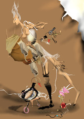 old surrealistic woman with a broken umbrella, two different stockings, a set of keys, over a beige background, burned paper, surrealism, psychology, feelings