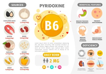 Infographics Vitamin B6. Products containing vitamin. Daily norm. Symptoms of deficiency. Vector medical poster. 