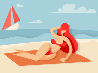 Girl sunbathes on the beach and looks at the ship with red sails. Vector illustration in flat style