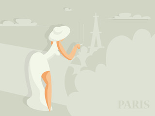 Girl in a white evening dress looks at the Eiffel Tower. Vector illustration in flat style