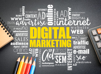 Digital Marketing word cloud on the desk, business concept background