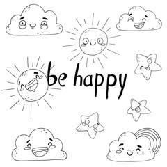 Cute poster with sun and cloud on white background.