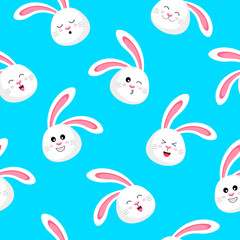 Cute cartoon rabbit head seamless pattern. Happy Easter day. Design for textile, wrapping and wallpaper. Vector illustration isolated on blue background.