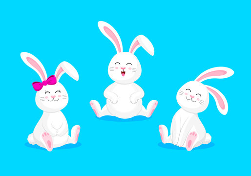White rabbits sitting with smiley face. Cute cartoon character design. Happy Easter day. Vector Illustration isolated on blue background.