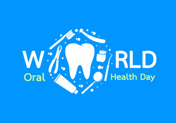 Dental instruments with tooth in circle shape. World Oral Health Day Concept. Vector Illustration isolated on blue background.