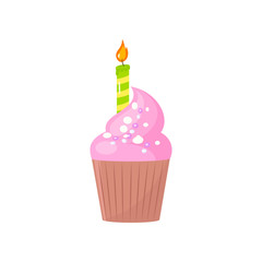 Sweet brownie cake with one candle and cream decor on white background