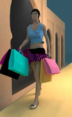 girl in summer clothes with many colorful shopping bags, 3D illustration, raster illustration