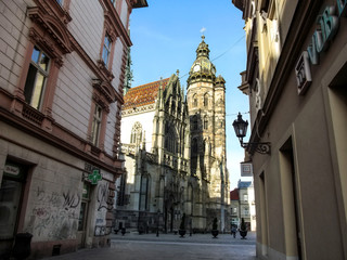 Fototapeta na wymiar Slovakia, Kosice - May 2, 2018: View of the Cathedral of St. Elizabeth from Mlynska Street in Kosice. The largest gothic church in Slovakia, an amazing ancient temple