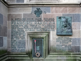 Slovakia, Kosice - May 2, 2018: Bas-relief of Francis II Rakoczi on the facade of the Saint...