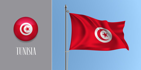 Tunisia waving flag on flagpole and round icon vector illustration