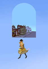 girl eating an apple in front of a window with historic buildings outside, 3D illustraition over a light blue background