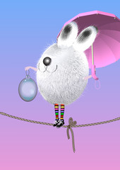 a cute easter bunny over a pink blue background, balancing on a rope and holding a pink umbrella and a transparent egg