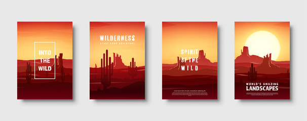Desert trip. Extreme tourism and travelling. Back to nature. Sands. Exploring Africa. Horizont line with sky. Mountaines. Vector illustration. - obrazy, fototapety, plakaty