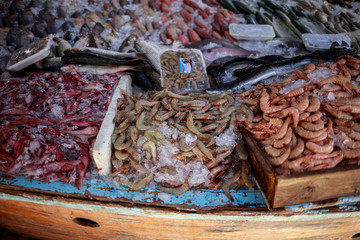 Shrimps with ice on the fish market in Hurghada. Egypt.