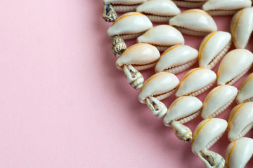 Beautiful summer cowrie shells on pink background
