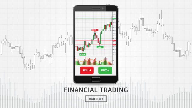 Smartphone with financial trade charts vector illustration. Candlestick trading graph (forex market) on mobile app concept.
