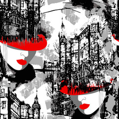 Fototapety  Lady in red. Elegance Paris. Seamless pattern of the urban landscape with a woman in a red hat. 