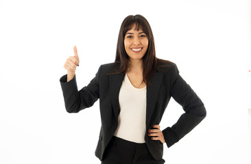 Portrait of a young beautiful smiling business woman showing thumb up. Isolated on white background