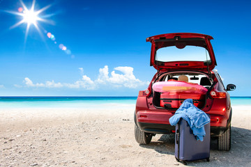 Summer car on beach and sea landscape 