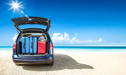 Summer car on beach and sea landscape 