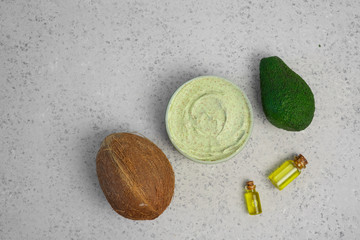 skin care natural products ingredients for scrub body mask: Avocado, coffee, coconut, oil