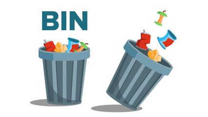Bin Garbage Vector. Full Of Trash. Inverted. Isolated Flat Illustration - obrazy, fototapety, plakaty