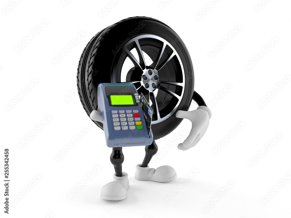 Sticker Car wheel character holding credit card reader