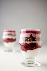 Homemade dessert with yogurt and raspberries