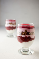 Homemade dessert with yogurt and raspberries